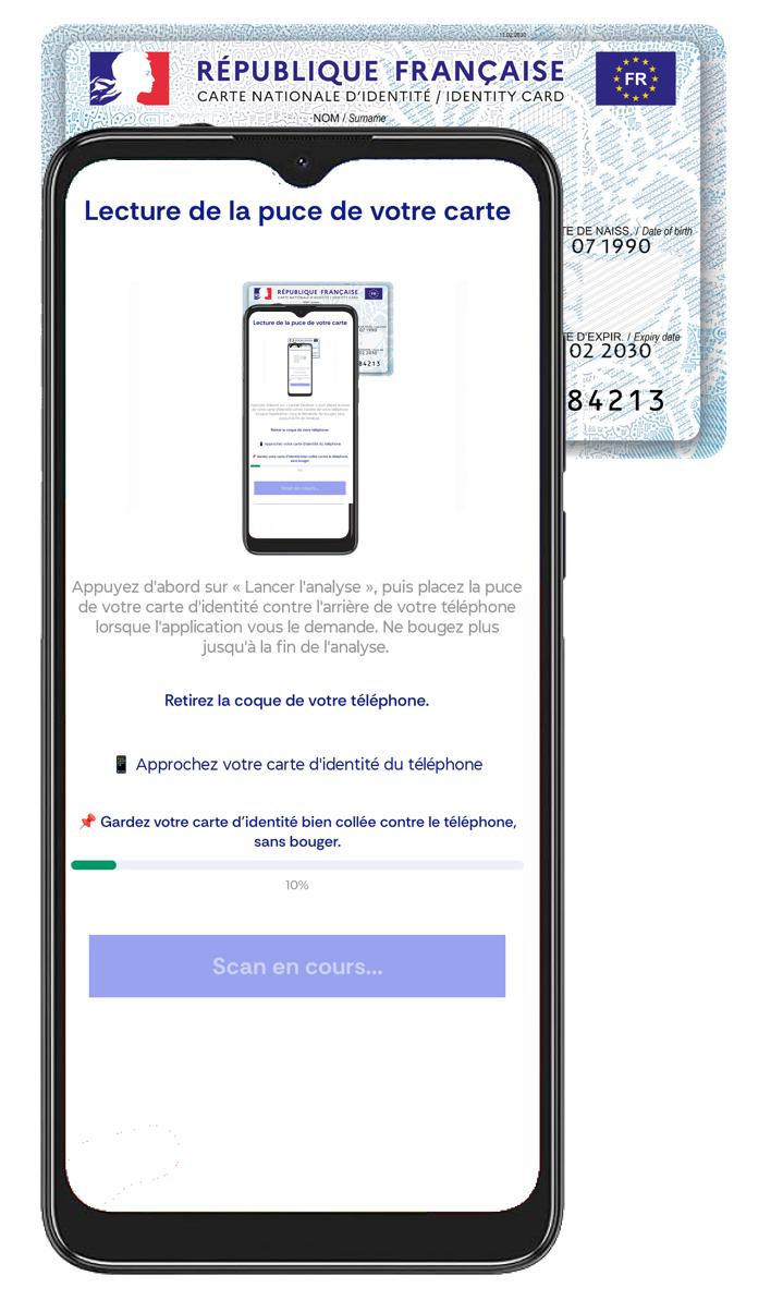Téléphone posé sur la carte d'identité, écran « Lecture de la puce de votre carte »